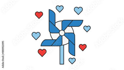 Pinwheel illustration, vector style graphic, with hearts, for love, design, and decoration.