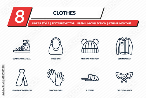 clothes icons set - gladiator sandal, hobo bag, knit hat with pom pom, denim jacket, cat eye glasses outline vector collection.