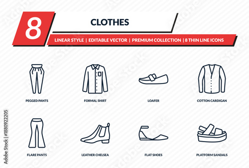 clothes icons set - pegged pants, formal shirt, loafer, cotton cardigan, platform sandals outline vector collection.
