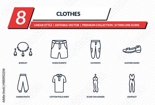 clothes icons set - jewelry, chino shorts, chi pants, leather shoes, jumpsuit outline vector collection.