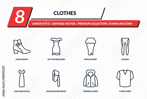 clothes icons set - ankle boots, off the shoulder dress, peplum skirt, leggins, v neck shirt outline vector collection.