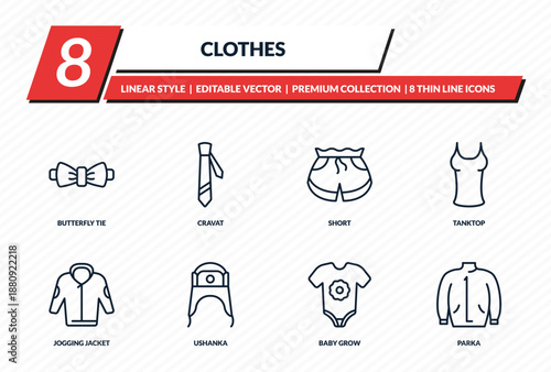 clothes icons set - butterfly tie, cravat, short, tanktop, parka outline vector collection.