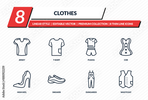 clothes icons set - jersey, t-shirt, pijama, cor, waistcoat outline vector collection.