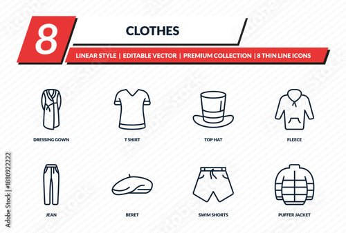 clothes icons set - dressing gown, t shirt, top hat, fleece, puffer jacket outline vector collection.