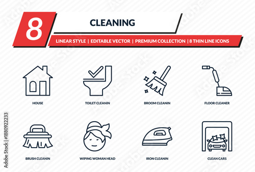cleaning icons set - house, toilet cleanin, broom cleanin, floor cleaner, clean cars outline vector collection.