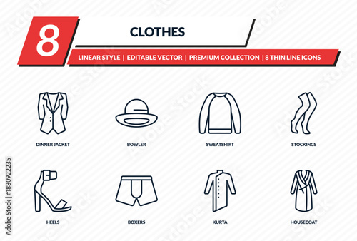 clothes icons set - dinner jacket, bowler, sweatshirt, stockings, housecoat outline vector collection.