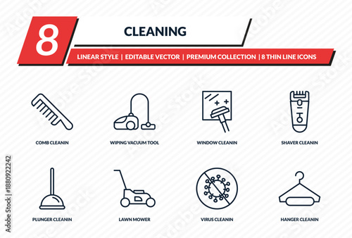 cleaning icons set - comb cleanin, wiping vacuum tool, window cleanin, shaver cleanin, hanger outline vector collection.
