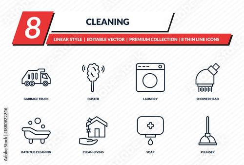 cleaning icons set - garbage truck, duster, laundry, shower head, plunger outline vector collection.
