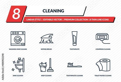 cleaning icons set - washing hine cleanin, wiping brush, toothpaste, compress cleanin, toilet paper cleanin outline vector collection.