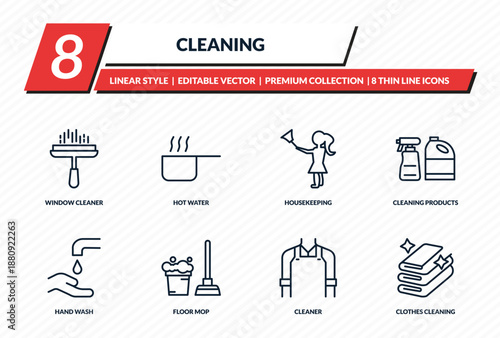 cleaning icons set - window cleaner, hot water, housekeeping, cleaning products, clothes cleaning outline vector collection.