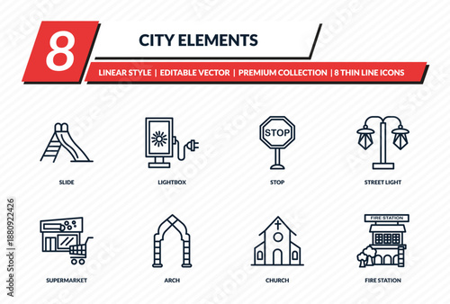 city elements icons set - slide, lightbox, stop, street light, fire station outline vector collection.