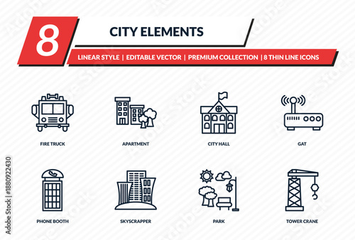 city elements icons set - fire truck, apartment, city hall, gat, tower crane outline vector collection.