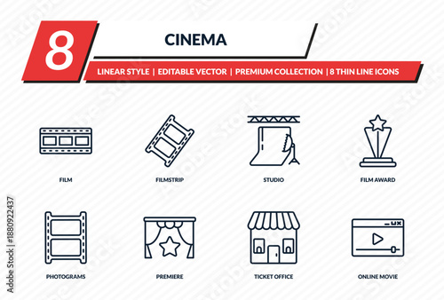cinema icons set - film, filmstrip, studio, film award, online movie outline vector collection.