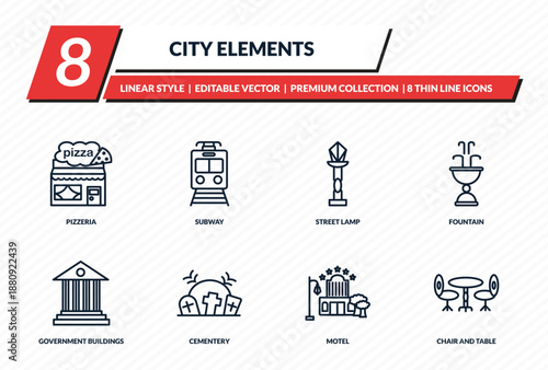 city elements icons set - pizzeria, subway, street lamp, fountain, chair and table outline vector collection.