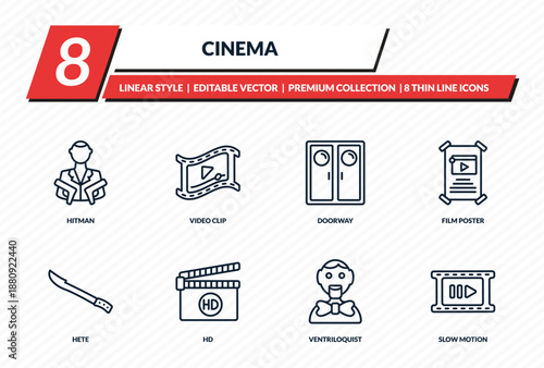 cinema icons set - hitman, video clip, doorway, film poster, slow motion outline vector collection.