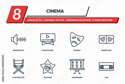 cinema icons set - sound effect, movie player, tragedy, prompt box, vhs outline vector collection.