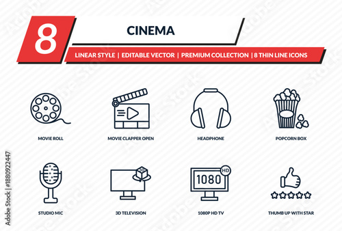 cinema icons set - movie roll, movie clapper open, headphone, popcorn box, thumb up with star outline vector collection.