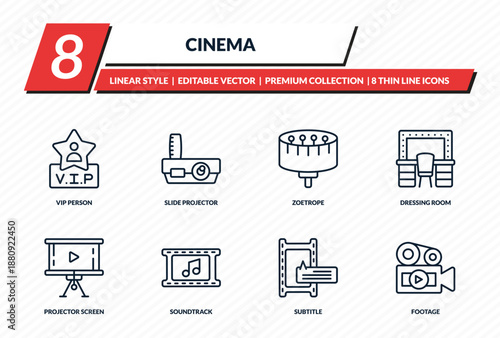 cinema icons set - vip person, slide projector, zoetrope, dressing room, footage outline vector collection.