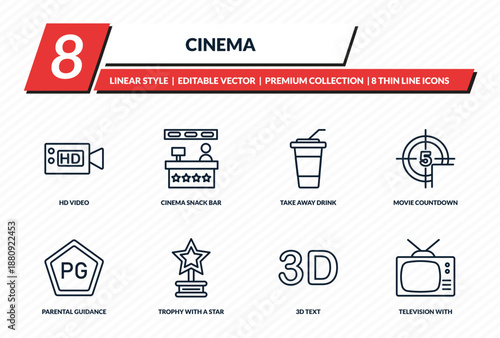 cinema icons set - hd video, cinema snack bar, take away drink, movie countdown, television with antenna outline vector collection.