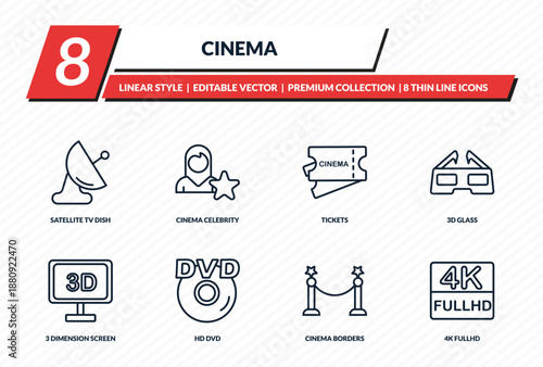 cinema icons set - satellite tv dish, cinema celebrity, tickets, 3d glass, 4k fullhd outline vector collection.