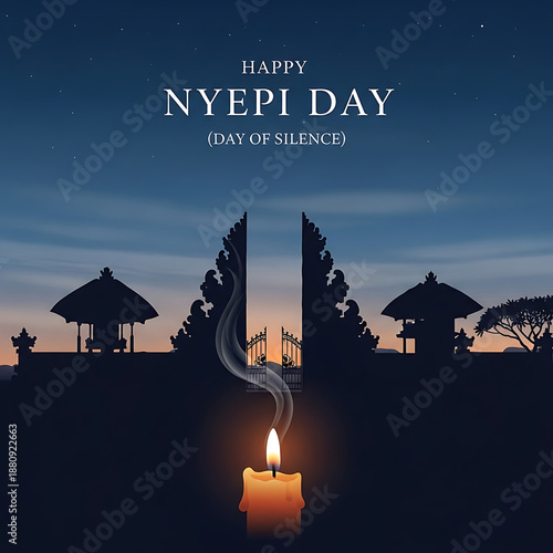 Happy Nyepi Day (Day of Silence) - Candle in front of Balinese Gate at Dusk