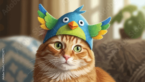 Adorable orange tabby cat portrait wearing a bright blue felt bird costume hat with colorful wings and large green eyes looking directly forward indoors