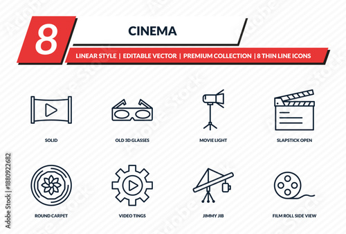 cinema icons set - solid, old 3d glasses, movie light, slapstick open, film roll side view outline vector collection.
