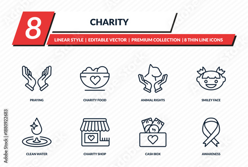 charity icons set - praying, charity food, animal rights, smiley face, awareness outline vector collection.