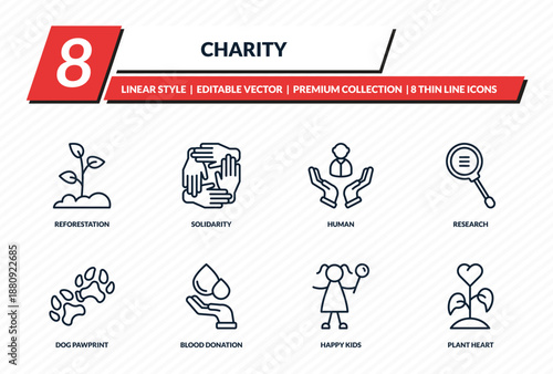 charity icons set - reforestation, solidarity, human, research, plant heart outline vector collection.