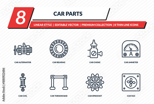 car parts icons set - car alternator, car bearing, choke, ammeter, fan outline vector collection.