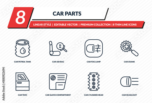 car parts icons set - car petrol tank, car air bag, fog lamp, crank, headlight outline vector collection.