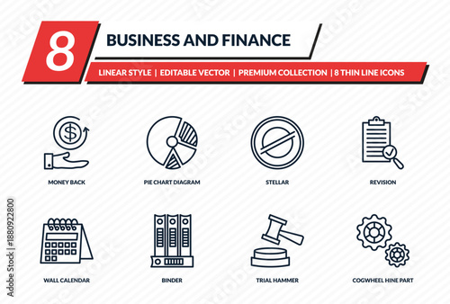 business and finance icons set - money back, pie chart diagram, stellar, revision, cogwheel hine part outline vector collection.