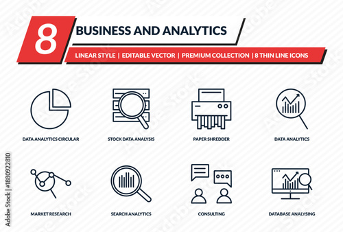 business and analytics icons set - data analytics circular, stock data analysis, paper shredder, data analytics, database analysing outline vector collection.