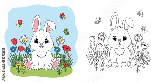 Cute cartoon bunny sitting in a flower meadow with butterflies. Vector illustration of a happy rabbit for coloring book page. Outline and colorful version.