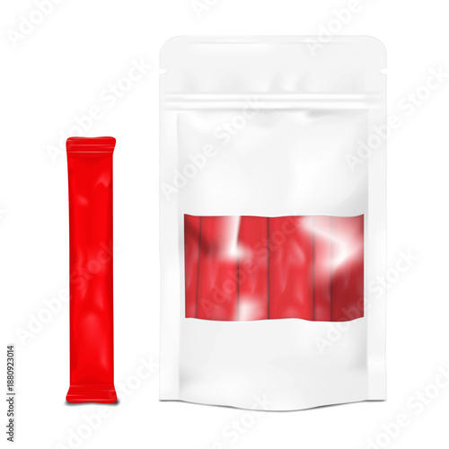 White tear notch zip lock stand-up pouch with clear window filled with stick sachet packets. Realistic vector mockup. Food or health care product resealable standup plastic bag packaging. Mock-up