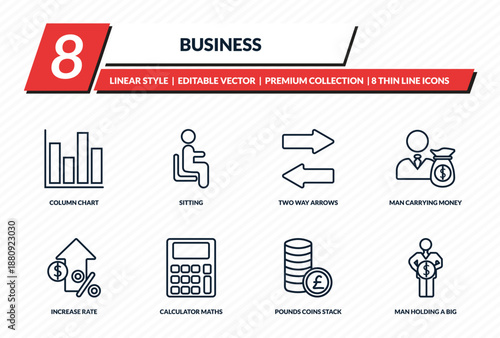 business icons set - column chart, sitting, two way arrows, man carrying money, man holding a big coin outline vector collection.