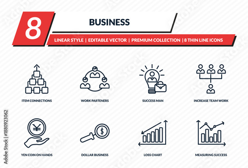 business icons set - item connections, work parteners, success man, increase team work, measuring success outline vector collection.