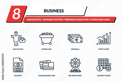 business icons set - man success, mining cart, euro bills, profit chart, economy games outline vector collection.