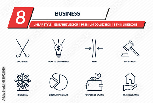 business icons set - golf sticks, ideas to earn money, thin, punishment, home insurance outline vector collection.