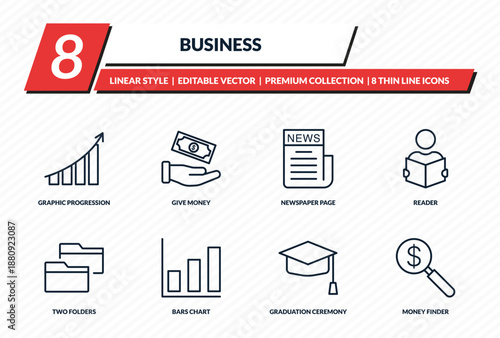 business icons set - graphic progression, give money, newspaper page, reader, money finder outline vector collection.