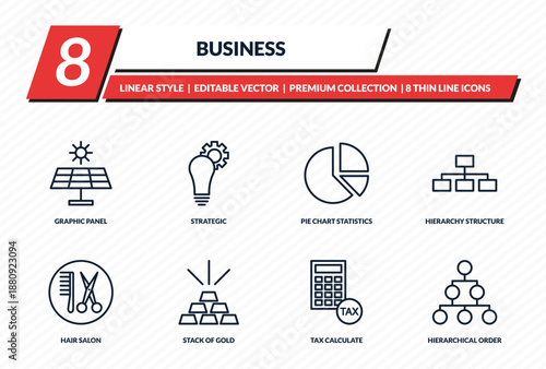 business icons set - graphic panel, strategic, pie chart statistics, hierarchy structure, hierarchical order outline vector collection.