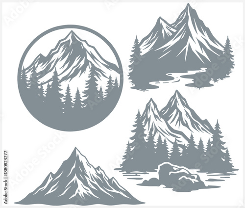 Snowy mountain peaks with evergreen trees in various scenic views
