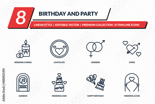 birthday and party icons set - wedding candle, love plate, genders, cupid, wedding altar outline vector collection.