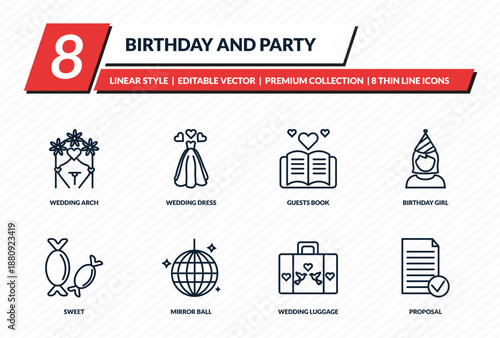 birthday and party icons set - wedding arch, wedding dress, guests book, birthday girl, proposal outline vector collection.