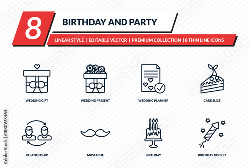 birthday and party icons set - wedding gift, wedding present, wedding planner, cake slice, birthday rocket outline vector collection.