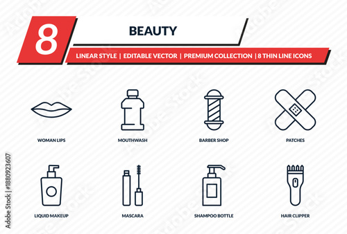 beauty icons set - woman lips, mouthwash, barber shop, patches, hair clipper outline vector collection.