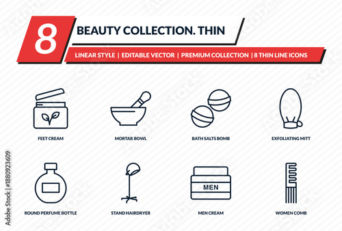 beauty collection. thin icons set - feet cream, mortar bowl, bath salts bomb, exfoliating mitt, women comb outline vector collection.