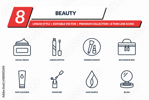 beauty icons set - facial cream, liquid lipstick, women makeup, big makeup box, blush outline vector collection.