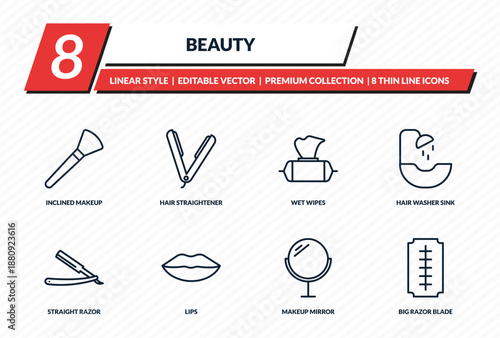 beauty icons set - inclined makeup brush, hair straightener, wet wipes, hair washer sink, big razor blade outline vector collection.