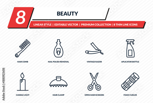 beauty icons set - hair comb, nail polish removal, vintage razor, aplicator bottle, foam curler outline vector collection.